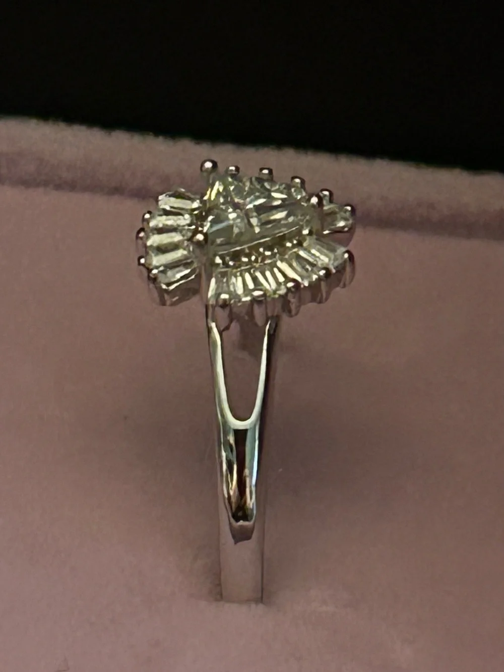 Triangular & Baguette Cut Halo Moissanite Ring in Sterling Silver Size 8.50